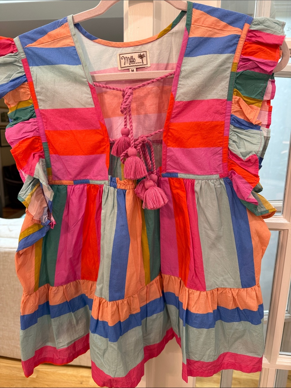 Mille Multicolor Striped Ruffle Tie-Front Top - Pink & Red Stripe